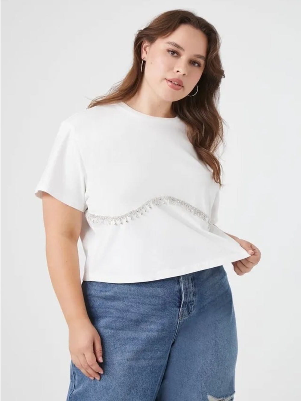 Forever 21 Women's Rhinestone-Trim Cropped T-Shirt in White